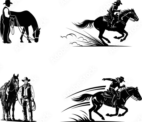 Cowboy with horse silhouette vector set.