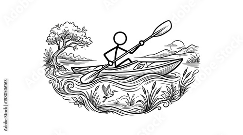 Stick Figure Kayaking in Scenic Landscape