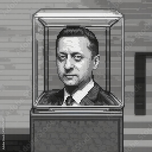 A man's face is displayed in a glass case, with a tie and suit, and a brick wall in the background.