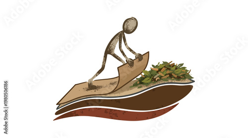 Abstract Person Building or Unveiling Layers of Earth and Foliage