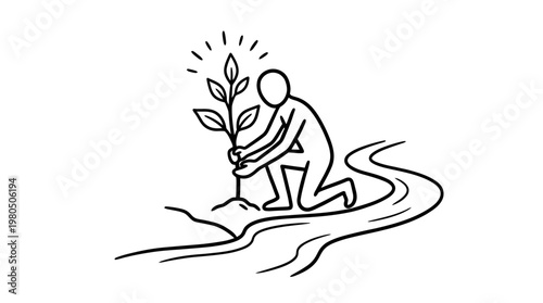 Person Planting Tree Near River
