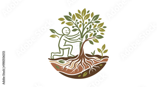 Person Hugging Tree with Roots and Leaves