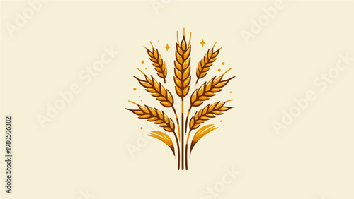 Golden Wheat Grain Sheaf Bundle with Sparkling Stars, Harvest Season Agriculture and Abundance Symbol Flat Illustration