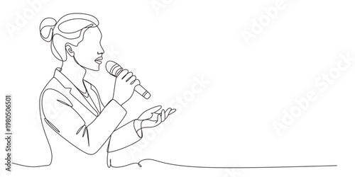 One line drawing of a businesswoman speaking into a microphone. Minimalist vector illustration of a public speaker or presenter giving a talk. Professional business presentation concept