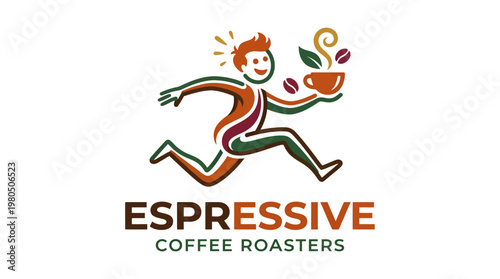 Fun Coffee Logo with Running Person and Cup
