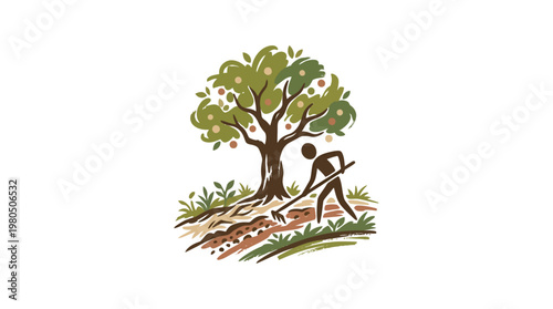 Gardener Working Beside an Apple Tree with Fruit