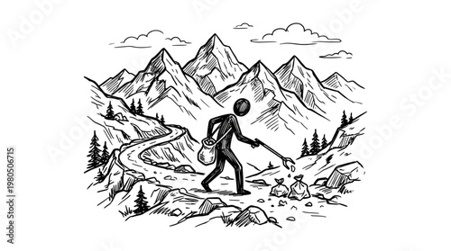 Hiker Cleaning Up Trash in Mountain Landscape
