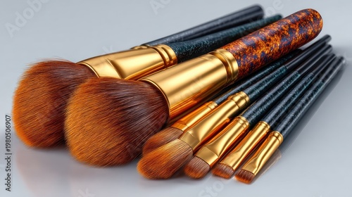 Makeup brushes arranged. Two large, others small, gold and pattern handles