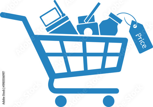 Blue shopping cart icon filled with various items and price tag symbolizing online shopping and consumerism.