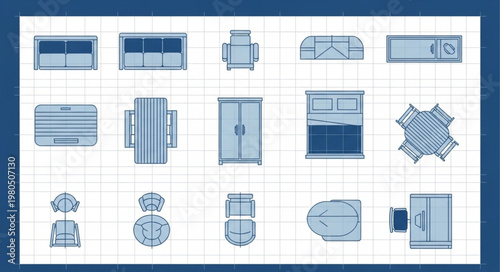 Collection of various furniture and appliance top view illustrations.