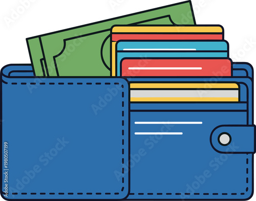 Detailed blue wallet with green banknotes and colorful credit cards representing personal finance and digital payment icon.