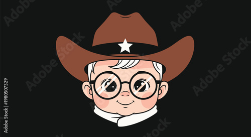 Adorable baby wearing a brown cowboy hat and glasses looks directly at the camera in a stylish portrait against a solid black background.