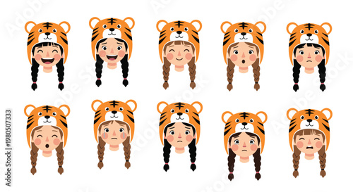 Set of facial expressions for a girl wearing a cute tiger hat includes happy and sad emotions to show a range of human feelings and moods.