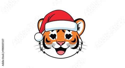 Happy tiger face wearing a red Santa Claus hat with heart eyes celebrates the Christmas season in a cheerful and festive animal illustration.