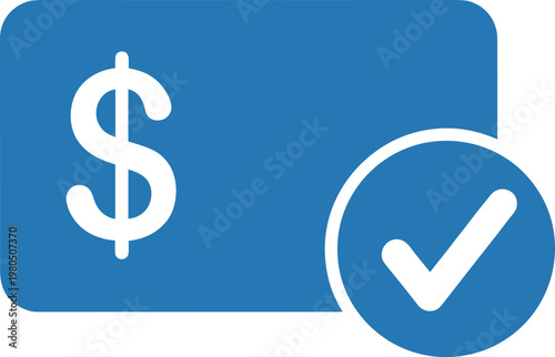 Payment success vector icon showing dollar sign on card and checkmark in circle indicating successful transaction.