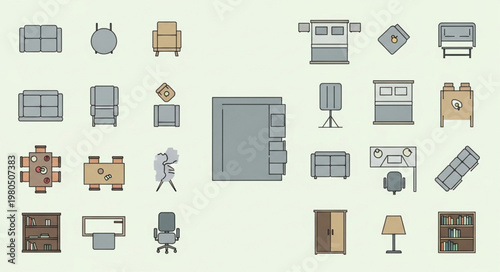 Collection of modern furniture icons for interior design planning.