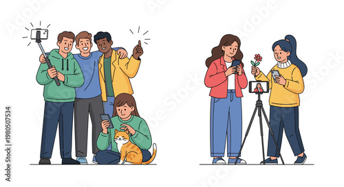 Group of friends taking a selfie and young women recording a video using a smartphone on a tripod for social media content creation.