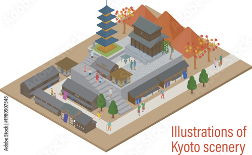 秋の京都・三年坂と五重塔のアイソメトリックイラスト（紅葉と観光客）