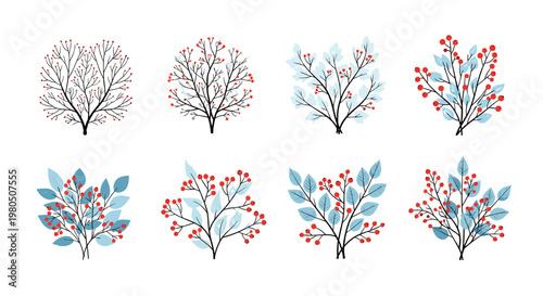 Collection of various berry bush illustrations depicts different leaf shapes and clusters of red berries in a clean botanical design style.