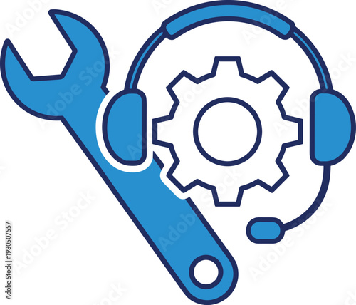 Technical support icon featuring large blue wrench with headset and gear symbolizing industrial maintenance and help desk.