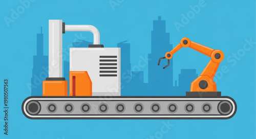 Automated Industrial Production Line with Robotic Arm.