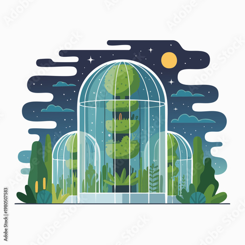Colorful illustration of green recycling bin with food waste and recyc