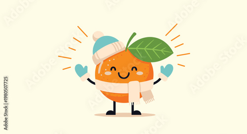 Smiling orange fruit character wearing a blue winter hat and a white scarf raises its hands happily in a warm and festive seasonal illustration.
