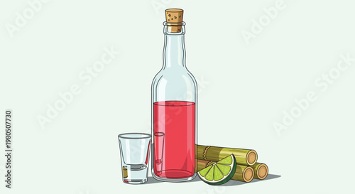 Bottle of pink tequila with a shot glass lime wedge and sugarcane stalks for a refreshing alcoholic beverage display.