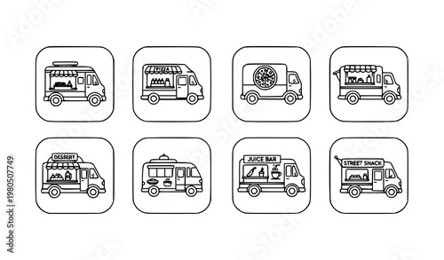 Title:
Street food van and food truck line art icon set mobile food bus outline vector collection for web design