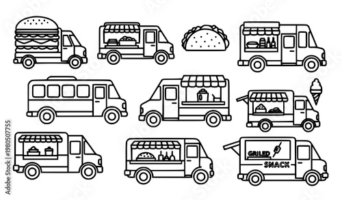 Title:
Street food van monoline icon set in rounded square frames food truck mobile restaurant vector collection