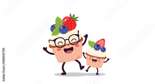 Cute parent and child cupcake characters with berry toppings and glasses dance happily to represent family bonds and sweet food fun.