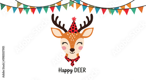 Happy reindeer head wearing a polka dot party hat and a matching necktie is decorated with festive bunting for a cheerful celebration.