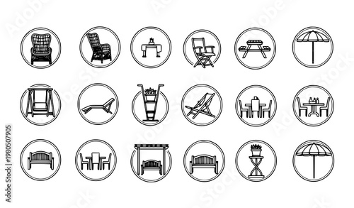 Title:
Home garden furniture monoline icon set in circular badge style outdoor patio furniture vector collection