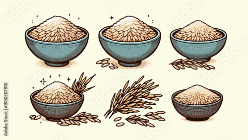 Collection of Ceramic Bowls Filled with Raw Rice Grains and Paddy Stalks, Traditional Asian Staple Food Harvest Illustration Set