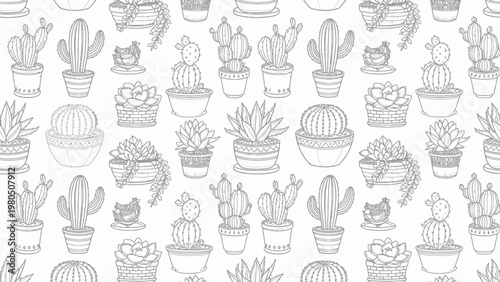 A lively pattern showcasing various cacti and succulents in charming pots, perfect for adding a touch of botanical flair to any design.