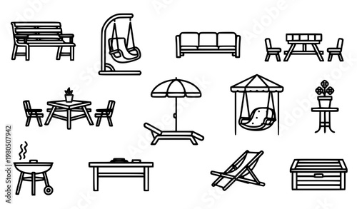 Title:
Bold home garden furniture outline icon set with outdoor patio and backyard seating vector collection