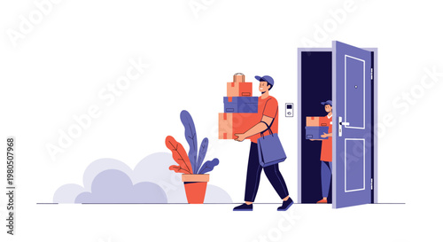 Two professional delivery men carry stacks of boxes through a door to provide efficient home shipping and moving services for customers.