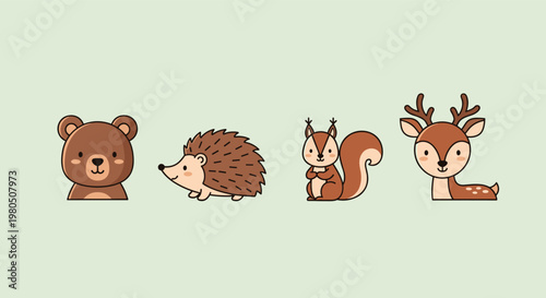 Set of cute woodland animal characters including a brown bear a prickly hedgehog a squirrel and a young forest deer.