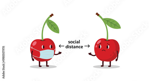 Two cherry characters practice social distancing with one wearing a face mask and an arrow showing the required safe distance between them.