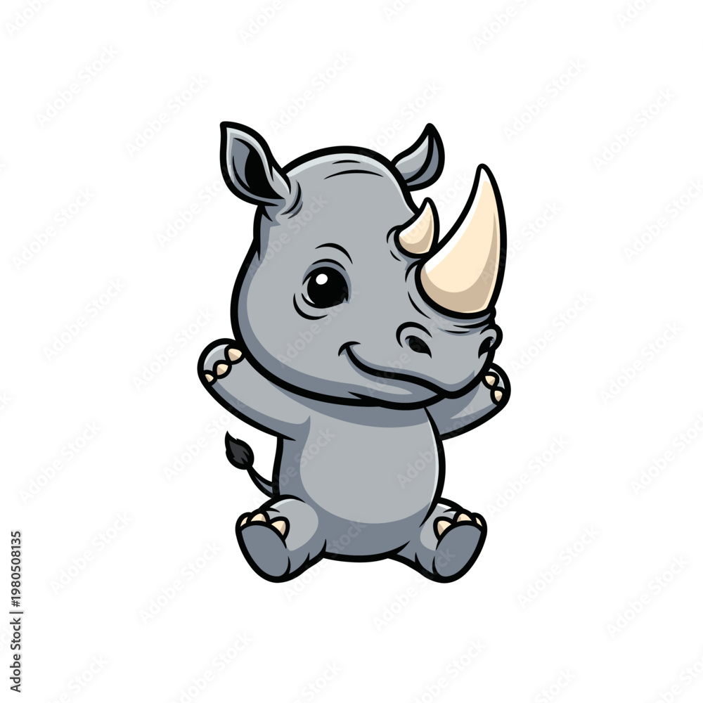 Fototapeta premium Cute Chibi Rhinoceros Mascot Character Vector Illustration Isolated on White Background. Gray Baby Rhino with Two Horns, Large Eyes, and Friendly Smile. Minimalist Cartoon Animal Graphic.