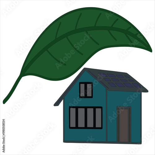 A whimsical house sheltered by an oversized leaf umbrella in a fairy-tale setting