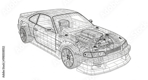 Detailed blueprint drawing of a modern sports car showing internal mechanics.