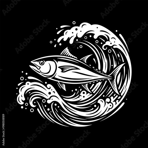 Black and White Tuna Fish Wave Design