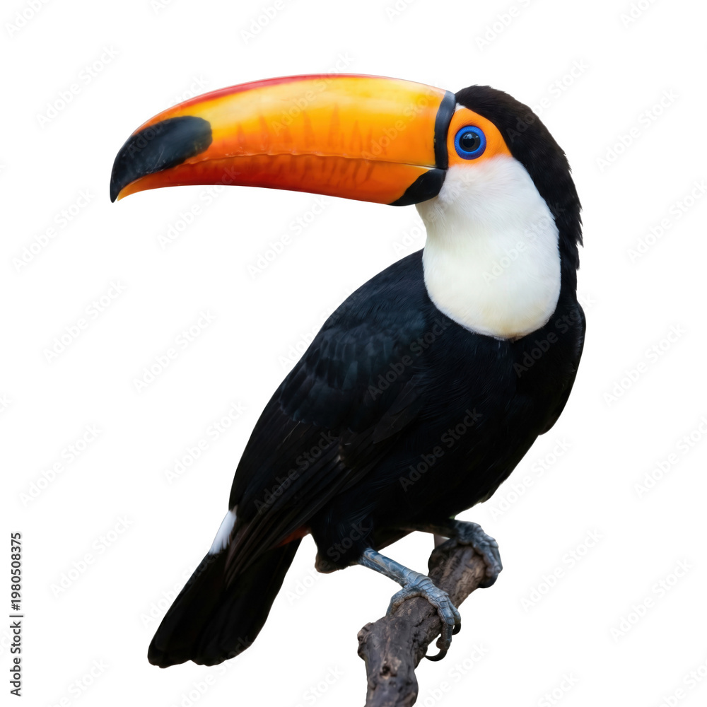 Fototapeta premium Colorful toucan with large beak isolated PNG, tropical bird with black plumage and vibrant orange bill on transparent background