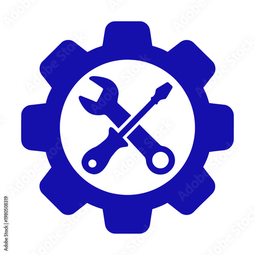 Vector graphic of a gear with a wrench and screwdriver crossed over each other in the center.