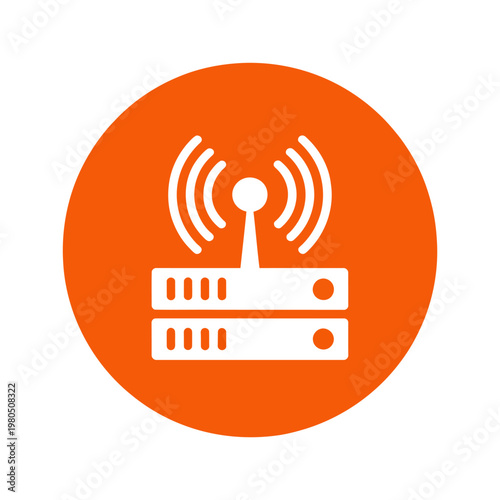 Vector graphic of a modern wireless router with signal waves in an orange circle