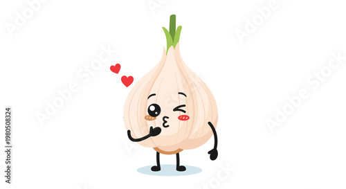 Cute garlic character blowing a kiss with heart symbols represents love for cooking and healthy flavorful ingredients.