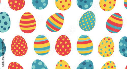 Seamless pattern of colorful decorated easter eggs with various designs like polka dots and stripes on white background.