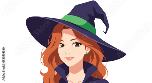 Beautiful witch with long red hair and a green band on her purple pointed hat smiles gently in a flat illustration.