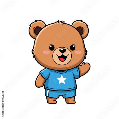 Vector illustration of a cute chibi brown bear mascot character wearing a blue t-shirt with a white star and matching shorts, smiling with rosy cheeks on a white background.